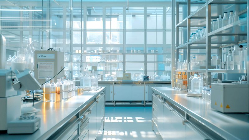Helles Labor mit moderner Ausstattung und Glasflaschen