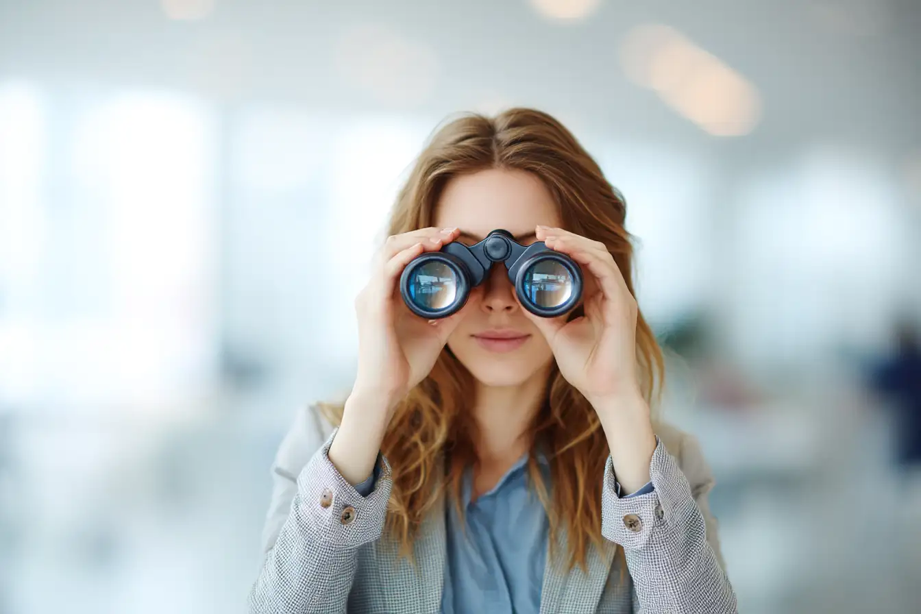 Frau mit Fernglas in einem Büro