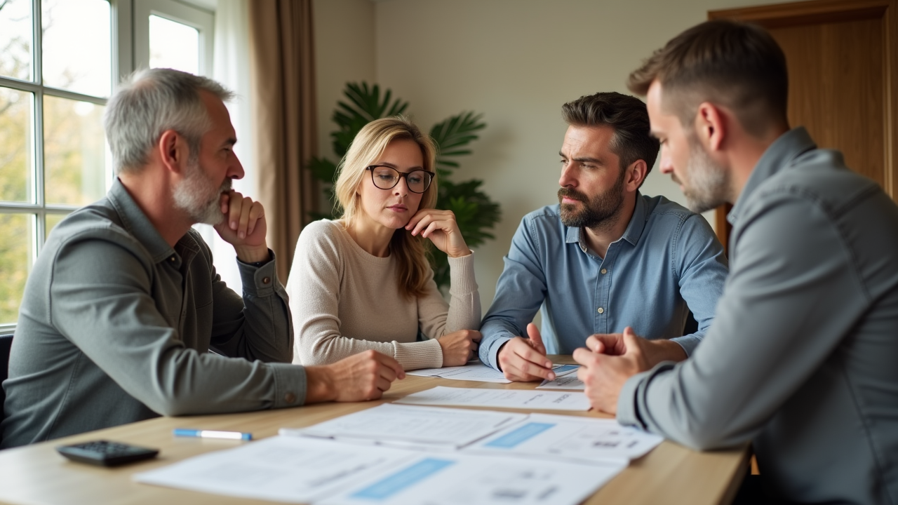 Gruppe diskutiert Immobilienbewertung am Tisch